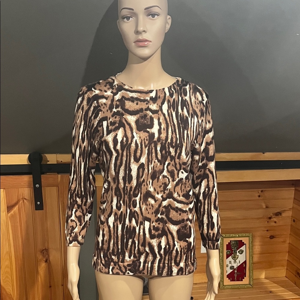 Talbots Brown Animal Print Sweater 100% Merino Wool SIZE L
